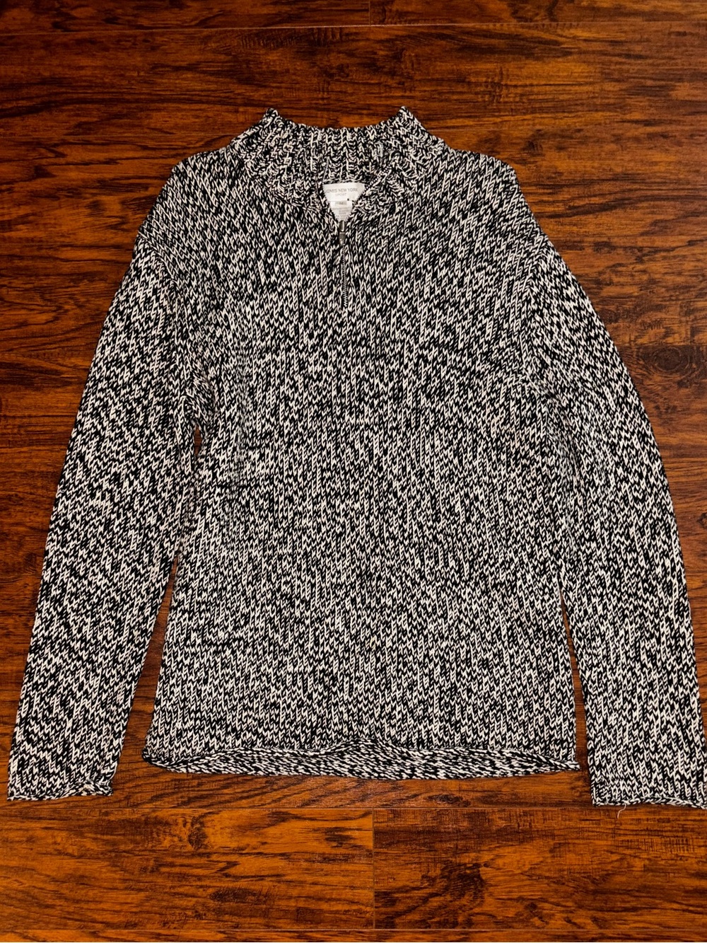 Jones New York Sport Vintage Marled Quarter-Zip Sweater Black White 100% Cotton
